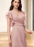 Tianna A-line V-Neck Chiffon Bridesmaid Dress With Ruffle UKP0019386