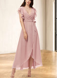 Tianna A-line V-Neck Chiffon Bridesmaid Dress With Ruffle UKP0019386