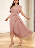 Tianna A-line V-Neck Chiffon Bridesmaid Dress With Ruffle UKP0019386