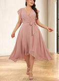 Tianna A-line V-Neck Chiffon Bridesmaid Dress With Ruffle UKP0019386