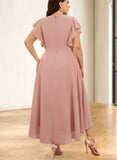 Tianna A-line V-Neck Chiffon Bridesmaid Dress With Ruffle UKP0019386