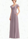 Lindsay A-line V-Neck Floor-Length Chiffon Bridesmaid Dress With Cascading Ruffles UKP0019390