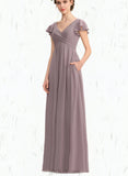 Lindsay A-line V-Neck Floor-Length Chiffon Bridesmaid Dress With Cascading Ruffles UKP0019390