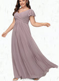 Lindsay A-line V-Neck Floor-Length Chiffon Bridesmaid Dress With Cascading Ruffles UKP0019390