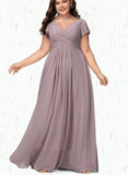 Lindsay A-line V-Neck Floor-Length Chiffon Bridesmaid Dress With Cascading Ruffles UKP0019390