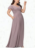 Lindsay A-line V-Neck Floor-Length Chiffon Bridesmaid Dress With Cascading Ruffles UKP0019390