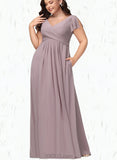 Lindsay A-line V-Neck Floor-Length Chiffon Bridesmaid Dress With Cascading Ruffles UKP0019390