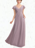 Lindsay A-line V-Neck Floor-Length Chiffon Bridesmaid Dress With Cascading Ruffles UKP0019390