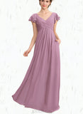 Lindsay A-line V-Neck Floor-Length Chiffon Bridesmaid Dress With Cascading Ruffles UKP0019390