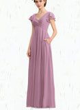 Lindsay A-line V-Neck Floor-Length Chiffon Bridesmaid Dress With Cascading Ruffles UKP0019390