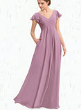 Lindsay A-line V-Neck Floor-Length Chiffon Bridesmaid Dress With Cascading Ruffles UKP0019390