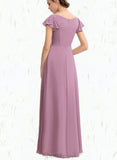 Lindsay A-line V-Neck Floor-Length Chiffon Bridesmaid Dress With Cascading Ruffles UKP0019390