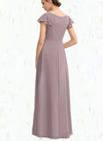 Lindsay A-line V-Neck Floor-Length Chiffon Bridesmaid Dress With Cascading Ruffles UKP0019390