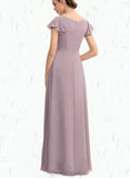 Lindsay A-line V-Neck Floor-Length Chiffon Bridesmaid Dress With Cascading Ruffles UKP0019390