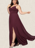 Jode A-line V-Neck Floor-Length Chiffon Bridesmaid Dress With Ruffle UKP0019393