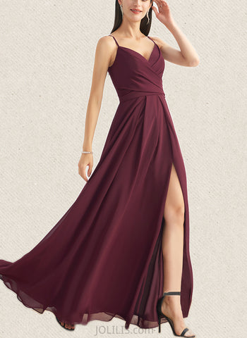 Jode A-line V-Neck Floor-Length Chiffon Bridesmaid Dress With Ruffle UKP0019393