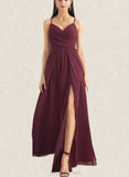 Jode A-line V-Neck Floor-Length Chiffon Bridesmaid Dress With Ruffle UKP0019393