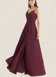 Jode A-line V-Neck Floor-Length Chiffon Bridesmaid Dress With Ruffle UKP0019393