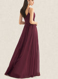 Jode A-line V-Neck Floor-Length Chiffon Bridesmaid Dress With Ruffle UKP0019393