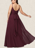 Jode A-line V-Neck Floor-Length Chiffon Bridesmaid Dress With Ruffle UKP0019393