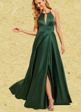 Jazlyn A-line High Neck Floor-Length Satin Bridesmaid Dress UKP0019397