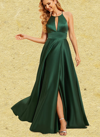 Jazlyn A-line High Neck Floor-Length Satin Bridesmaid Dress UKP0019397