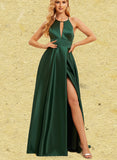 Jazlyn A-line High Neck Floor-Length Satin Bridesmaid Dress UKP0019397