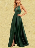 Jazlyn A-line High Neck Floor-Length Satin Bridesmaid Dress UKP0019397