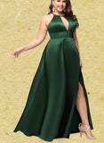 Jazlyn A-line High Neck Floor-Length Satin Bridesmaid Dress UKP0019397