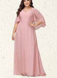 Samara A-line V-Neck Floor-Length Chiffon Lace Bridesmaid Dress UKP0019398