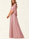 Samara A-line V-Neck Floor-Length Chiffon Lace Bridesmaid Dress UKP0019398