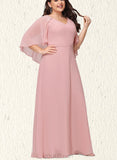 Samara A-line V-Neck Floor-Length Chiffon Lace Bridesmaid Dress UKP0019398