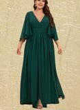 Iyana A-line V-Neck Floor-Length Chiffon Bridesmaid Dress With Bow Ruffle UKP0019399