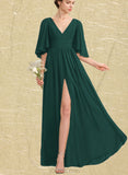 Iyana A-line V-Neck Floor-Length Chiffon Bridesmaid Dress With Bow Ruffle UKP0019399