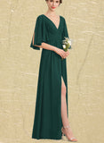 Iyana A-line V-Neck Floor-Length Chiffon Bridesmaid Dress With Bow Ruffle UKP0019399