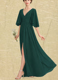 Iyana A-line V-Neck Floor-Length Chiffon Bridesmaid Dress With Bow Ruffle UKP0019399