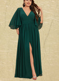 Iyana A-line V-Neck Floor-Length Chiffon Bridesmaid Dress With Bow Ruffle UKP0019399