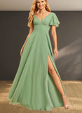 Fatima A-line V-Neck Floor-Length Chiffon Bridesmaid Dress With Ruffle UKP0019402