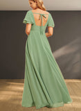 Fatima A-line V-Neck Floor-Length Chiffon Bridesmaid Dress With Ruffle UKP0019402