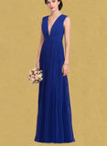 Hazel A-line V-Neck Floor-Length Chiffon Bridesmaid Dress With Bow Pleated UKP0019403