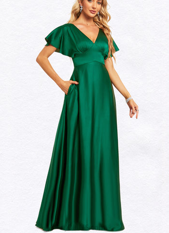 Autumn A-line V-Neck Floor-Length Satin Bridesmaid Dress UKP0019404