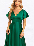 Autumn A-line V-Neck Floor-Length Satin Bridesmaid Dress UKP0019404