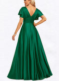 Autumn A-line V-Neck Floor-Length Satin Bridesmaid Dress UKP0019404