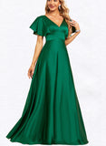 Autumn A-line V-Neck Floor-Length Satin Bridesmaid Dress UKP0019404