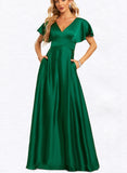 Autumn A-line V-Neck Floor-Length Satin Bridesmaid Dress UKP0019404