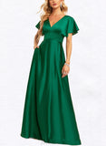 Autumn A-line V-Neck Floor-Length Satin Bridesmaid Dress UKP0019404