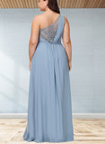 Lea A-line One Shoulder Floor-Length Chiffon Lace Bridesmaid Dress With Sequins UKP0019406