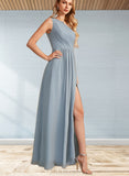 Lea A-line One Shoulder Floor-Length Chiffon Lace Bridesmaid Dress With Sequins UKP0019406