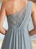 Lea A-line One Shoulder Floor-Length Chiffon Lace Bridesmaid Dress With Sequins UKP0019406