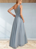 Lea A-line One Shoulder Floor-Length Chiffon Lace Bridesmaid Dress With Sequins UKP0019406